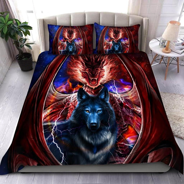 Dragon And Wolf Cotton Bed Sheets Spread Comforter Duvet Cover Bedding Sets