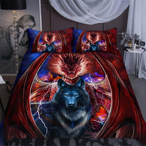 Dragon And Wolf Cotton Bed Sheets Spread Comforter Duvet Cover Bedding Sets