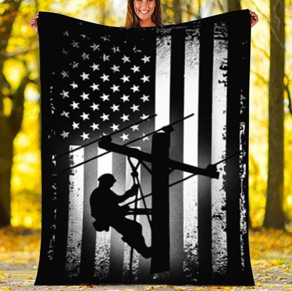 Lineman American Flag Fleece Blanket Great Customized Gifts For Birthday Christmas Thanksgiving