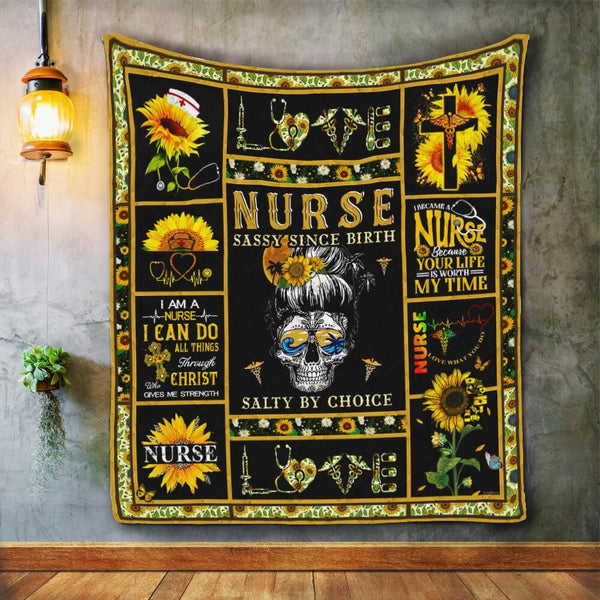 Sunflower Skull Nurse Fleece Blanket Great Customized Gifts For Birthday Christmas Thanksgiving